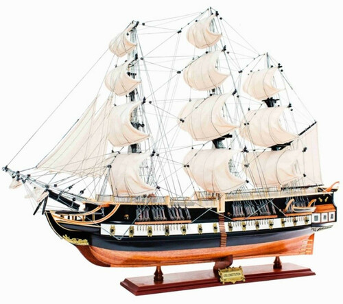 Casa Padrino Luxus Flaggschiff USS Constitution mit Massivholz St�nder Schwarz / Braun 103 x 30 x H. 85 cm - Handgefertigtes Deko Schiff Holzschiff Segelschiff Kriegsschiff - Deko Accessoires