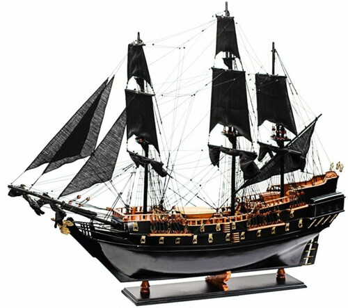 Casa Padrino Luxus Piratenschiff Black Pearl mit Massivholz St�nder Schwarz / Braun 85 x 28 x H. 90 cm - Handgefertigtes Deko Schiff Holzschiff Segelschiff Flaggschiff - Deko Accessoires
