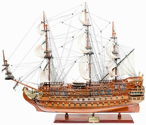 Casa Padrino Luxus Flaggschiff San Felipe mit Massivholz St�nder Braun 95 x 29 x H. 90 cm - Handgefertigtes Deko Schiff Holzschiff Segelschiff Kriegsschiff - Deko Accessoires