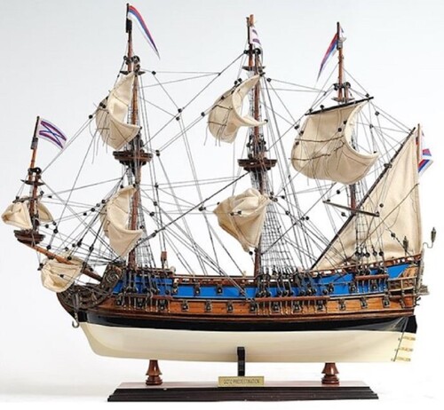 Casa Padrino Luxus Flaggschiff Goto Predestination mit Massivholz Stnder Blau / Braun / Schwarz / Wei 56 x 15 x H. 48 cm - Handgefertigtes Deko Schiff - Holzschiff - Segelschiff - Modellschiff