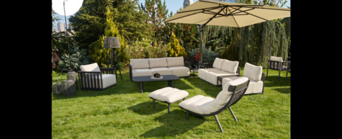 Casa Padrino Luxus Garten Lounge Set Mattschwarz / Beige 7-teilig 220 x 85 x H. 80 cm - Wetterfest und hochwertig verarbeitet - Moderne Garten M�bel - Luxus Qualit�t