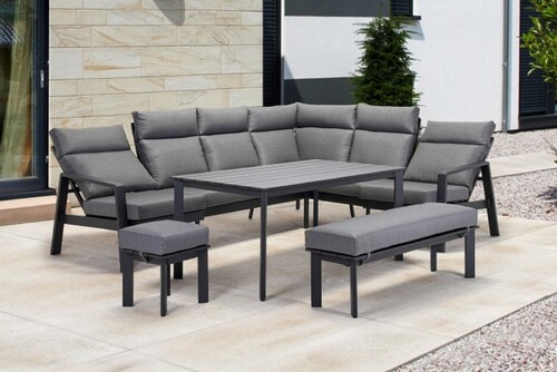 Casa Padrino Luxus Garten M�bel Set Grau - 1 Tisch & 1 Ecksofa & 1 Sitzbank & 1 Hocker