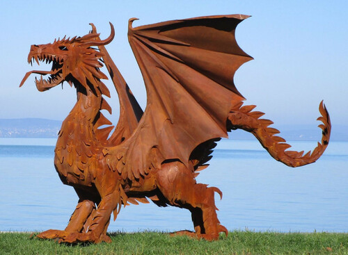 Casa Padrino Luxus Gartendeko Skulptur Drache Rostfarben 290 x 180 x H. 235 cm - Riesige Stahl Deko Figur - Gartenfigur - Hotel Garten Deko