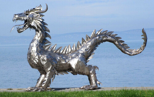 Casa Padrino Luxus Gartendeko Skulptur Drache Silber 290 x 75 x H. 177 cm - Riesige Edelstahl Deko Figur - Gartenfigur - Hotel Garten Deko