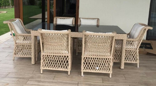 Casa Padrino Luxus Rattan Gartenm�bel Set Naturfarben - 1 Rattan Garten Esstisch mit Glasplatte & 6 Rattan Gartenst�hle mit Armlehnen - Moderne Luxus Rattan Garten & Terrassen M�bel