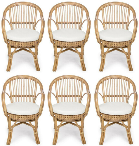 Casa Padrino Luxus Gartenstuhl 6er Set Naturfarben / Wei� 57 x 61 x H. 80 cm - Rattan St�hle mit Armlehnen und Sitzkissen - Moderne Rattan Garten & Terrassen M�bel