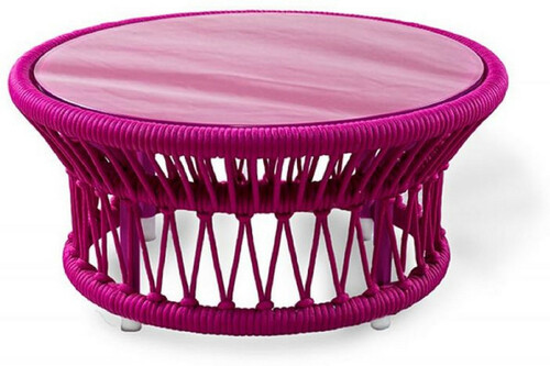 Casa Padrino Luxus Gartentisch Lila  70 x H. 34 cm - Handgewebter Wetterbest�ndiger Couchtisch mit Glasplatte - Garten Terrassen Tisch M�bel - Luxus Kollektion