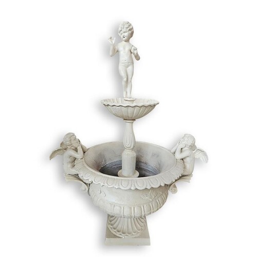 Casa Padrino Luxus Gusseisen Gartenbrunnen Putto mit Engeln Antikwei� 108 x 78 x H. 150 cm - Zweist�ckiger Springbrunnen im Barockstil - Garten Deko