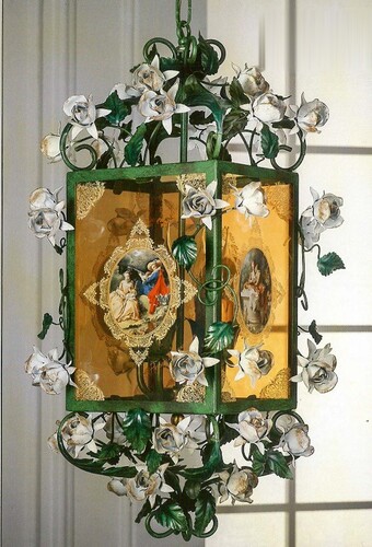 Casa Padrino Luxus H�ngeleuchte Laterne Gr�n / Wei� / Gold B. 40 x T. 40 x H. 75 cm - Handgefertigte Laterne mit Rosen und Malerei - Luxus Leuchten