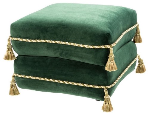 Casa Padrino Luxus Sitzhocker Dunkelgr�n / Gold / Gr�n 57 x 57 x H. 42 cm - Edler Samt Hocker mit Troddeln - Luxus M�bel