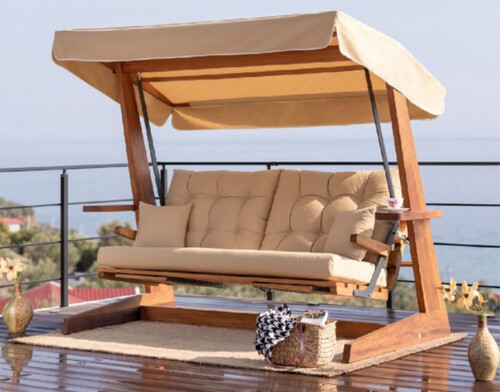 Casa Padrino Luxus Hollywood Schaukel Beige / Braun - Wetterfeste Garten Schaukel mit Sonnendach - Terrassen M�bel - Garten M�bel - Luxus M�bel - Luxus Garten Einrichtung