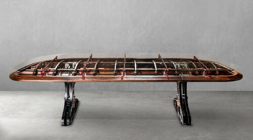 Casa Padrino Luxus Industrie Stil Schreibtisch mit Glasplatte Silber / Braun / Rot 333 x 125 x H. 78,5 cm - Industrie Stil B�rotisch - Industrie Stil B�ro M�bel - Luxus Industrie Stil M�bel