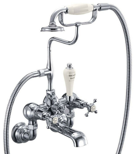 Casa Padrino Luxus Jugendstil Aufputz Badewannenarmatur Silber / Cremefarben H. 46,95 cm - Nostalgische Messing Badewannen Armatur mit Handbrause - Nostalgisches Badezimmer Zubeh�r