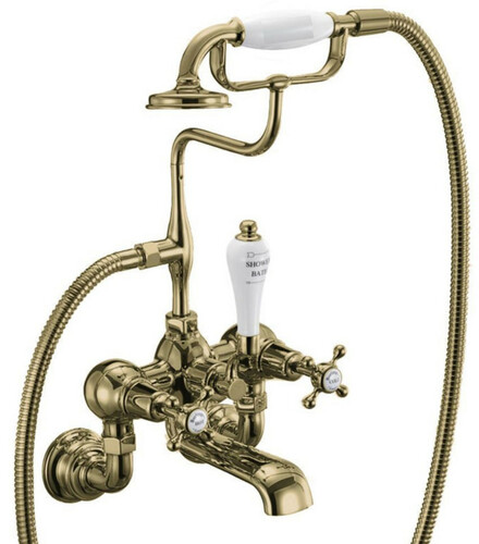 Casa Padrino Luxus Jugendstil Aufputz Badewannenarmatur Gold / Wei� H. 46,95 cm - Nostalgische Messing Badewannen Armatur mit Handbrause - Nostalgisches Badezimmer Zubeh�r