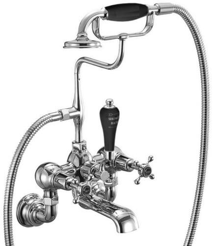 Casa Padrino Luxus Jugendstil Aufputz Badewannenarmatur Silber / Schwarz H. 46,95 cm - Nostalgische Messing Badewannen Armatur mit Handbrause - Nostalgisches Badezimmer Zubeh�r