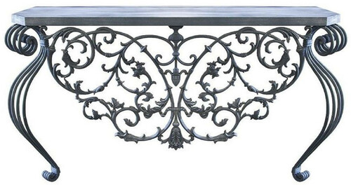 Casa Padrino Luxus Jugendstil Konsole Grau 150 x 45 x H. 90 cm - Handgefertigter Schmiedeeisen Konsolentisch mit Metall Tischplatte - Wohnzimmer Garten Terrassen M�bel