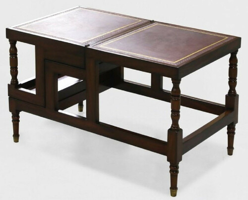 Casa Padrino Luxus Jugendstil Couchtisch Dunkelbraun / Bordeauxrot / Gold - Ausklappbare Massivholz Bibliothekstreppe mit Echtleder - Jugendstil Wohnzimmer M�bel - Edel & Prunkvoll