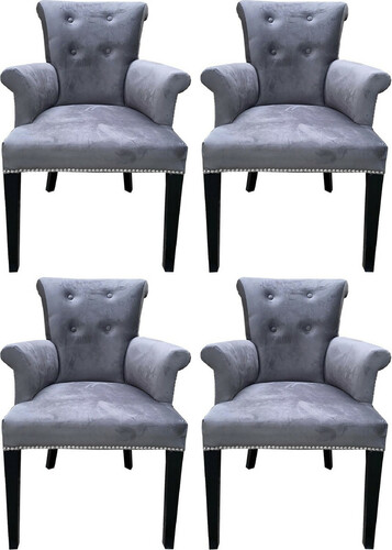 Casa Padrino Luxus Esszimmerstuhl 4er Set Grau / Schwarz - Massivholz K�chenst�hle mit Armlehnen und edlem Samtstoff - Luxus Esszimmer & Restaurant M�bel