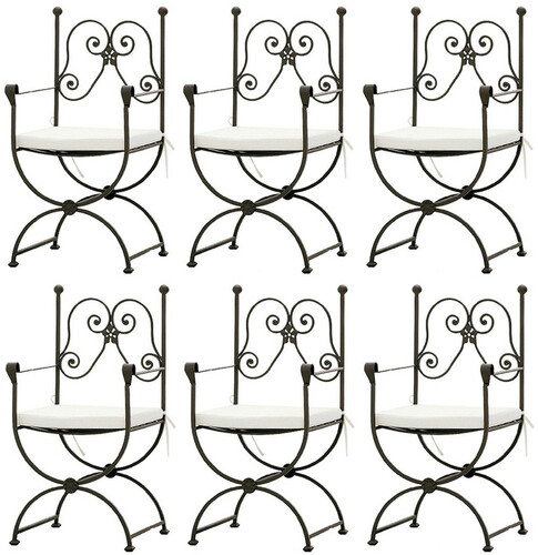 Casa Padrino Luxus Jugendstil Gartenstuhl Set mit Armlehnen und Sitzkissen Braun / Wei� 60 x 44 x H. 97 cm - Handgeschmiedete Esszimmer St�hle - Esszimmer Garten Terrassen M�bel