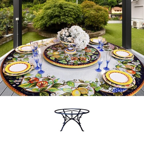 Casa Padrino Luxus Jugendstil Gartentisch Fr�chtegirlande Blau  180 cm - Runder Esstisch aus handbemaltem Lavastein - Gastronomie M�bel - Made in Italy