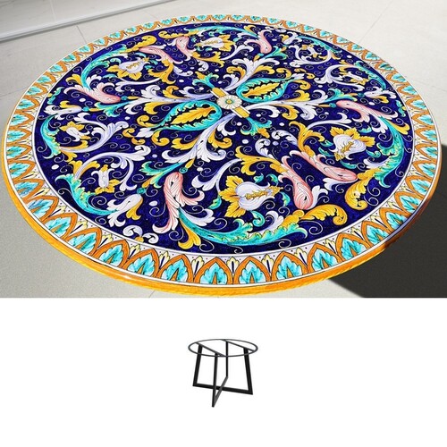 Casa Padrino Luxus Jugendstil Gartentisch Rankengirlande Blau  150 cm - Runder Esstisch aus handbemaltem Lavastein - Gastronomie M�bel - Made in Italy