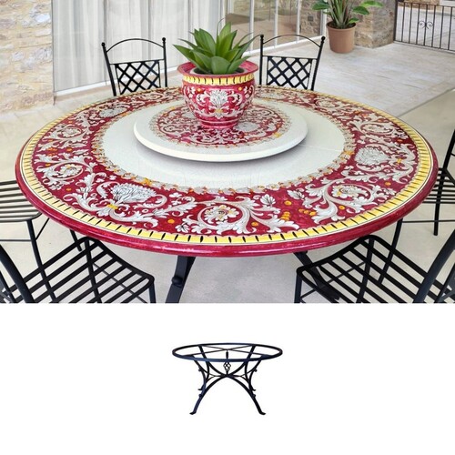 Casa Padrino Luxus Jugendstil Gartentisch Arabeske Rot  180 cm - Runder Esstisch aus handbemaltem Lavastein - Gastronomie M�bel - Made in Italy