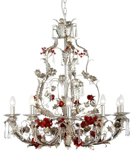 Casa Padrino Luxus Barock Kristall Kronleuchter Rosen & Blumen Silber / Rot  90 x H. 90 cm - Prunkvoller Metall Kronleuchter mit edlem Swarovski Kristallglas - Barock Leuchten