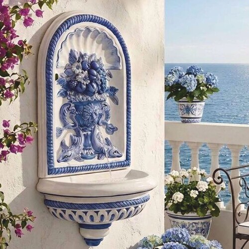 Casa Padrino Luxus Jugendstil Wandbrunnen Wei� / Blau H. 130 cm - Garten Deko