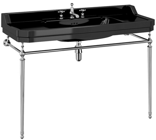 Casa Padrino Luxus Jugendstil Waschtisch Schwarz / Silber 121 x 51 x H. 90 cm - Porzellan 3-Loch Stand Waschbecken mit Untergestell - Badezimmer M�bel