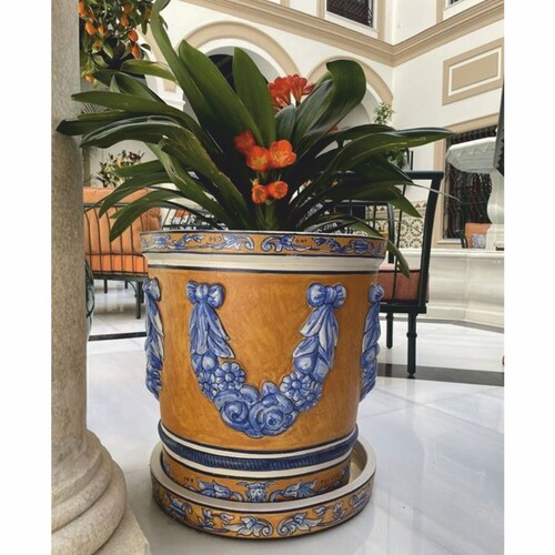 Casa Padrino Luxus Barock Keramik Blumentopf Beige / Blau / Wei�  53 x H. 54 cm