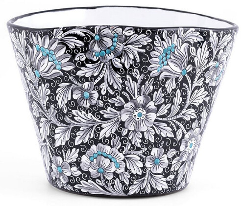 Casa Padrino Luxus Keramik Blumentopf Schwarz / Mehrfarbig  27 x H. 20 cm - Runder handgefertigter & handbemalter Keramik Pflanzentopf - Luxus Qualit�t - Made in Italy