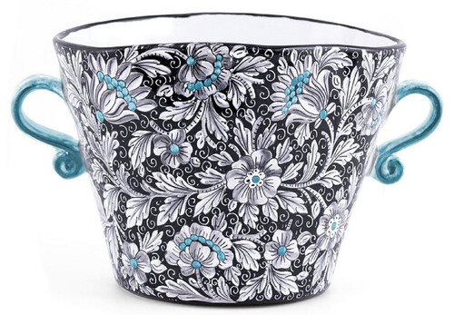 Casa Padrino Luxus Keramik Blumentopf mit 2 Tragegriffen Schwarz / Mehrfarbig  27 x H. 20 cm - Handgefertigter & handbemalter Keramik Pflanzentopf - Luxus Qualit�t - Made in Italy