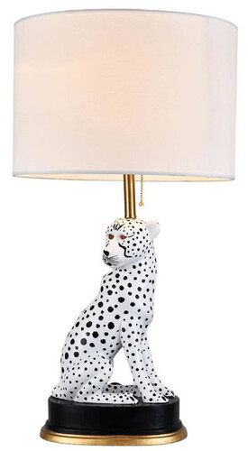 Casa Padrino Luxus Keramik Tischleuchte Puma Katze Wei� / Schwarz / Gold  38 x H. 72 cm - Keramik Schreibtischleuchte mit rundem Lampenschirm - Luxus Keramik Leuchten