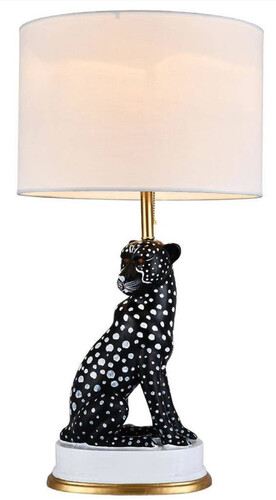 Casa Padrino Luxus Keramik Tischleuchte Puma Katze Schwarz / Wei� / Gold  38 x H. 72 cm - Keramik Schreibtischleuchte mit rundem Lampenschirm - Luxus Keramik Leuchten