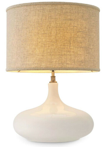 Casa Padrino Luxus Keramik Tischleuchte Wei� / Antik Messingfarben / Beige  46 x H. 64,5 cm - Moderne Tischlampe mit Lampenschirm - Luxus Kollektion