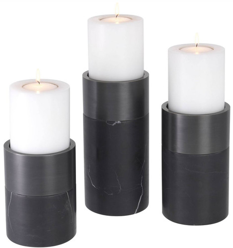 Casa Padrino Luxus Kerzenhalter Set Schwarz / Bronzefarben - 3 runde Marmor Kerzenhalter - Luxus Qualit�t - Deko Accessoires