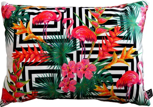 Casa Padrino Luxus Kissen Miami Flamingos & Flowers Mehrfarbig 35 x 55 cm - Feinster Samtstoff - Deko Wohnzimmer Kissen