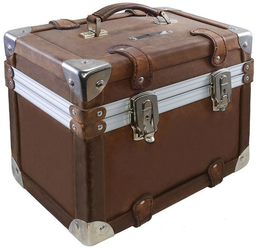 Casa Padrino Luxus Schminkkoffer Vintage Braun / Silber 33 x 21 x H. 28,5 cm - Handgefertigte wasserdichte Echtleder Schminktasche im Retro Design - Luxus Qualit�t