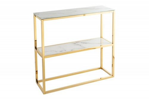 Casa Padrino Konsole Gold / Wei� / Grau Marmor Look 80 x 26 x H. 80 cm -  Konsolentisch mit Glasplatte - Wohnzimmer M�bel