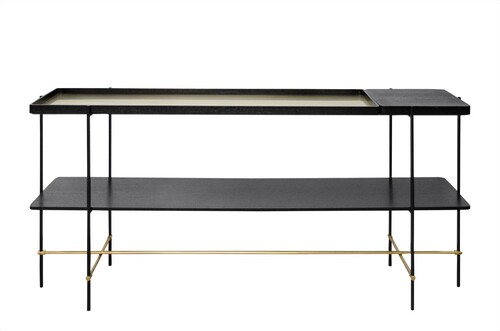Casa Padrino Luxus Konsole Gold / Schwarz 180 x 40 x H. 90 cm - Langer Konsolentisch mit geb�rstetem Edelstahlgestell und schwarzen Eichenfurnier Fl�chen - Luxus M�bel