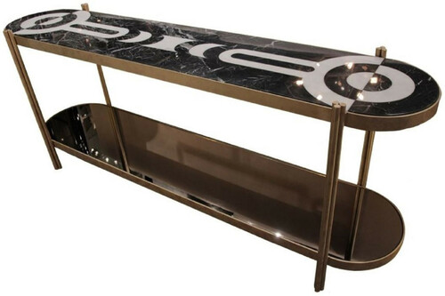 Casa Padrino Luxus Konsole Messingfarben / Schwarz / Wei� 220 x 45 x H. 85 cm - Konsolentisch mit Marmorplatte und Glasregal - Hotel M�bel - Luxus Qualit�t