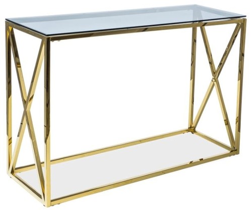 Casa Padrino Luxus Konsole Gold / Grau 120 x 40 x H. 78 cm - Edelstahl Konsolentisch mit Glasplatte - Luxus M�bel