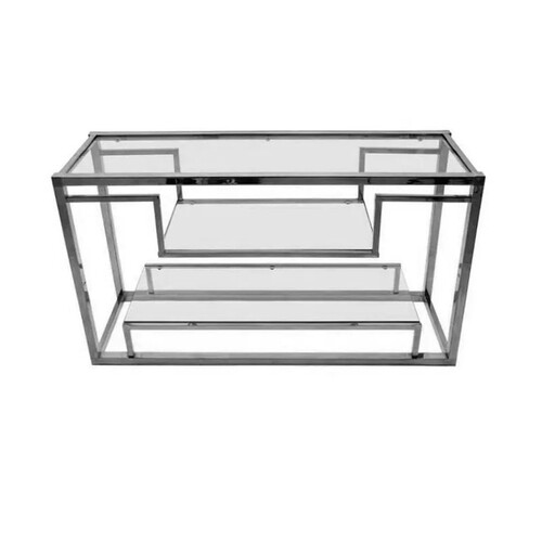 Casa Padrino Luxus Konsole Silber 150 x 40 x H. 75 cm - Metall Konsolentisch mit Glasplatte - Luxus Wohnzimmer M�bel