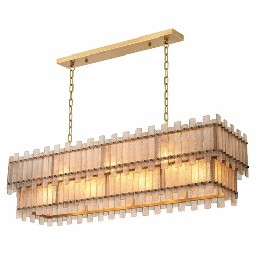 Casa Padrino Luxus Kronleuchter Antik Messing 142 cm - Rechteckiger Kronleuchter mit mundgeblasenen Glasplatten