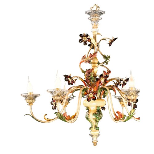 Casa Padrino Barock Kronleuchter Gelb Gr�n Rot  90 x H. 85 cm 6-flammig - Handgefertigte Leuchte aus Italien - Barock Leuchten