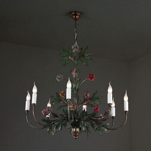 Casa Padrino Luxus Kronleuchter Mehrfarbig B. 130 x H. 110 cm - Handgefertigter Kronleuchter aus Schmiedeeisen mit handgeformten Bl�ten - Luxus Kollektion - Edel & Prunkvoll