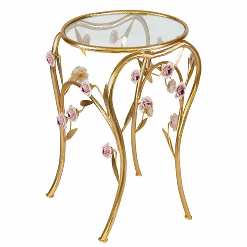 Casa Padrino Luxus Beistelltisch mit 24 Karat Vergoldung und Porzellan Kamelienbl�ten Gold / Pastellrosa H. 60 cm - Made in Italy