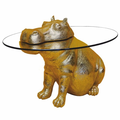 Casa Padrino Luxus Kunstharz Couchtisch mit Glasplatte Nilpferd Gold 65 cm