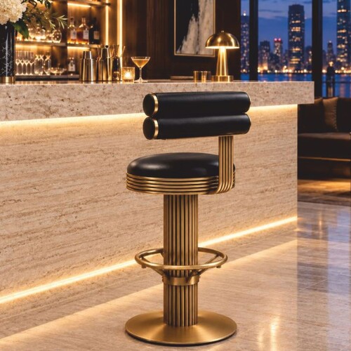 Casa Padrino Luxus Echtleder Barstuhl Schwarz / Messing H. 96 cm - Bar M�bel - Hotel M�bel - Luxus M�bel