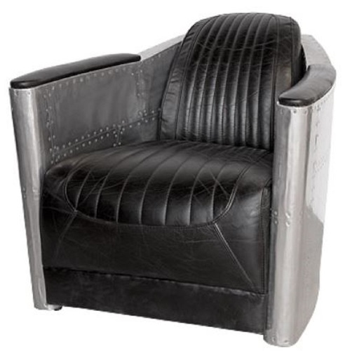 Casa Padrino Art Deco Aluminium Echtleder Sessel Schwarz / Silber 74,5 x 94 x H. 78 cm - Club Sessel - Lounge Sessel - Flugzeug Flieger M�bel